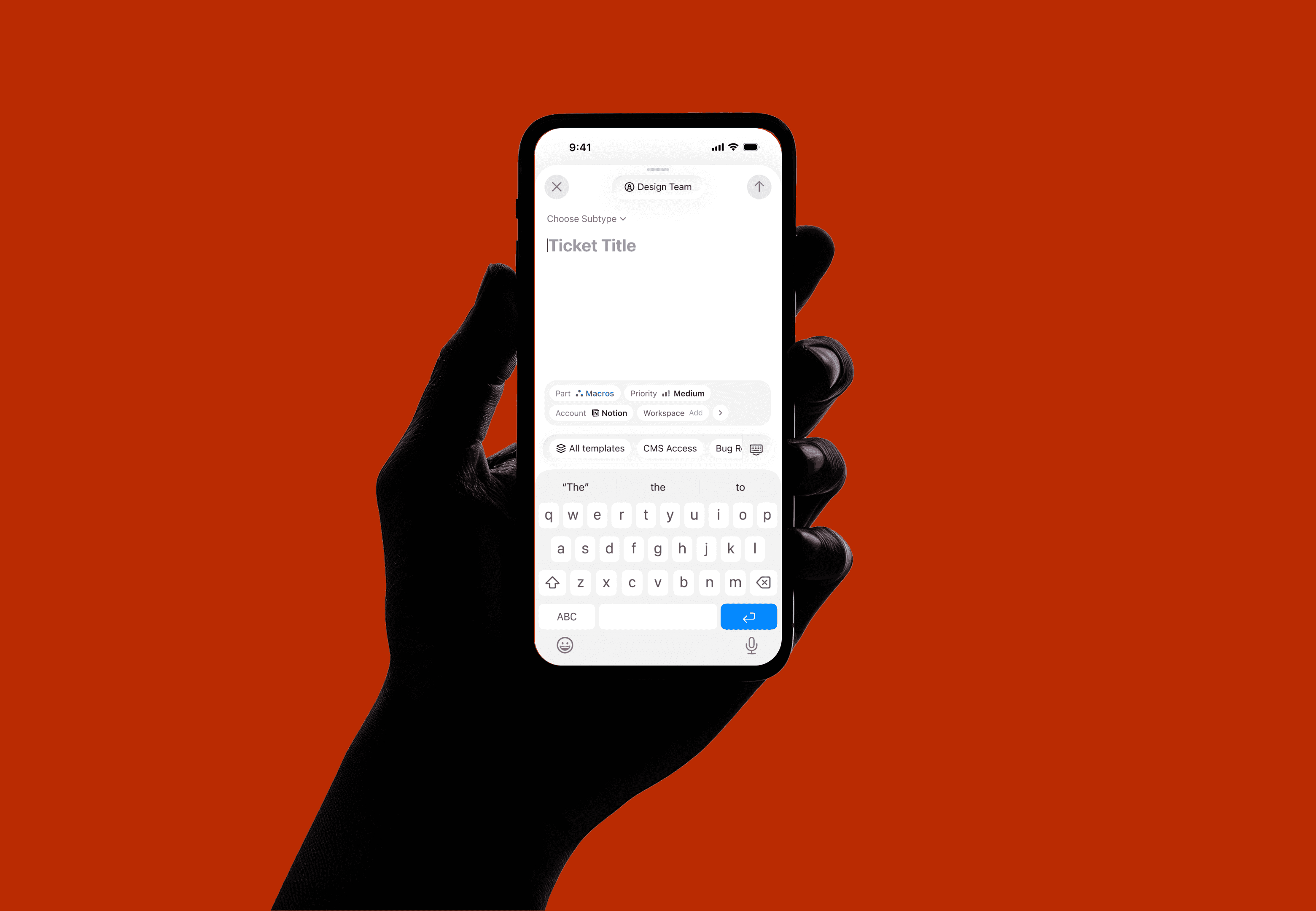 Quick Work Creation — mobile bottom sheet for fast ticket creation on a bold red background